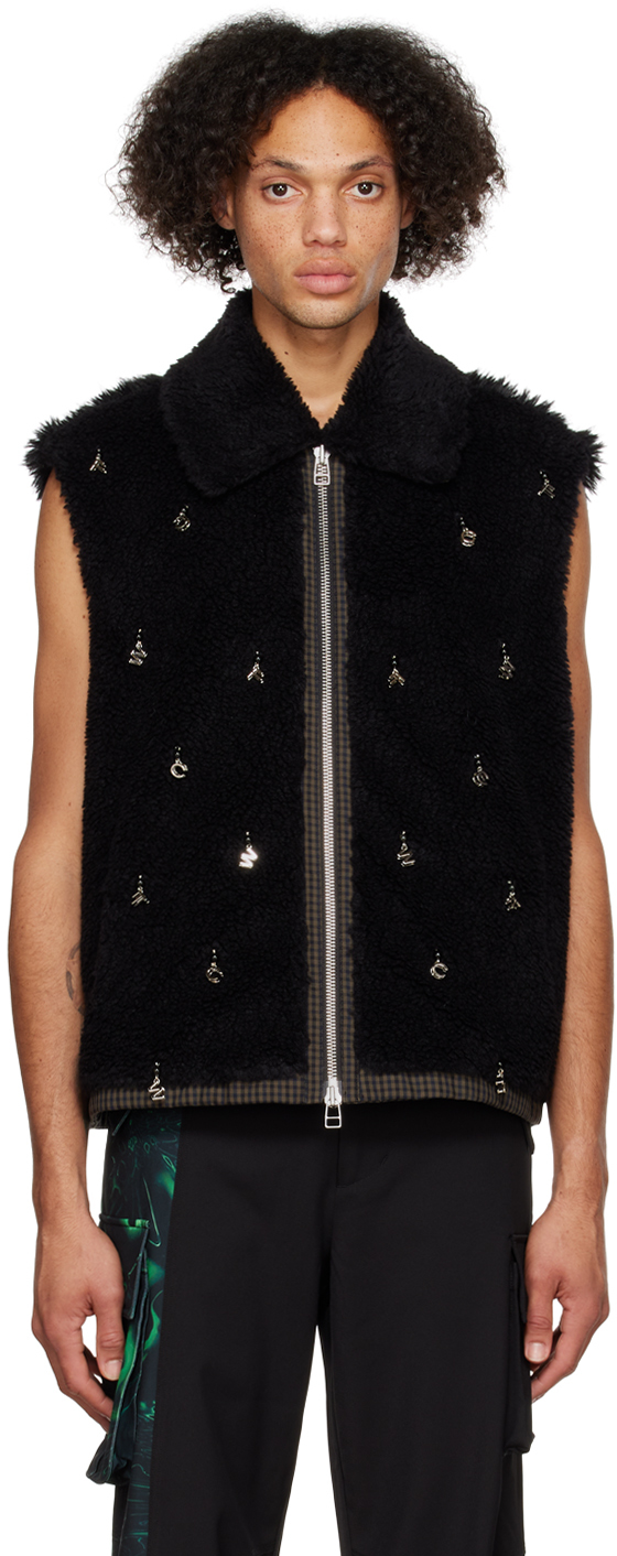 Black Embellished Faux-Fur Vest