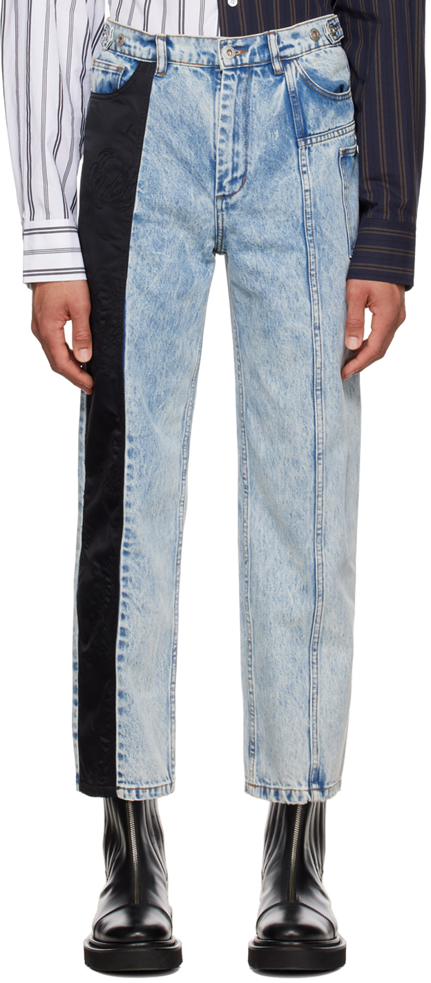 Blue & Black Phoenix Embroidered Panel Jeans