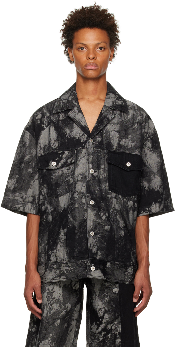 Feng Chen Wang: Gray & Black Washed Denim Shirt | SSENSE