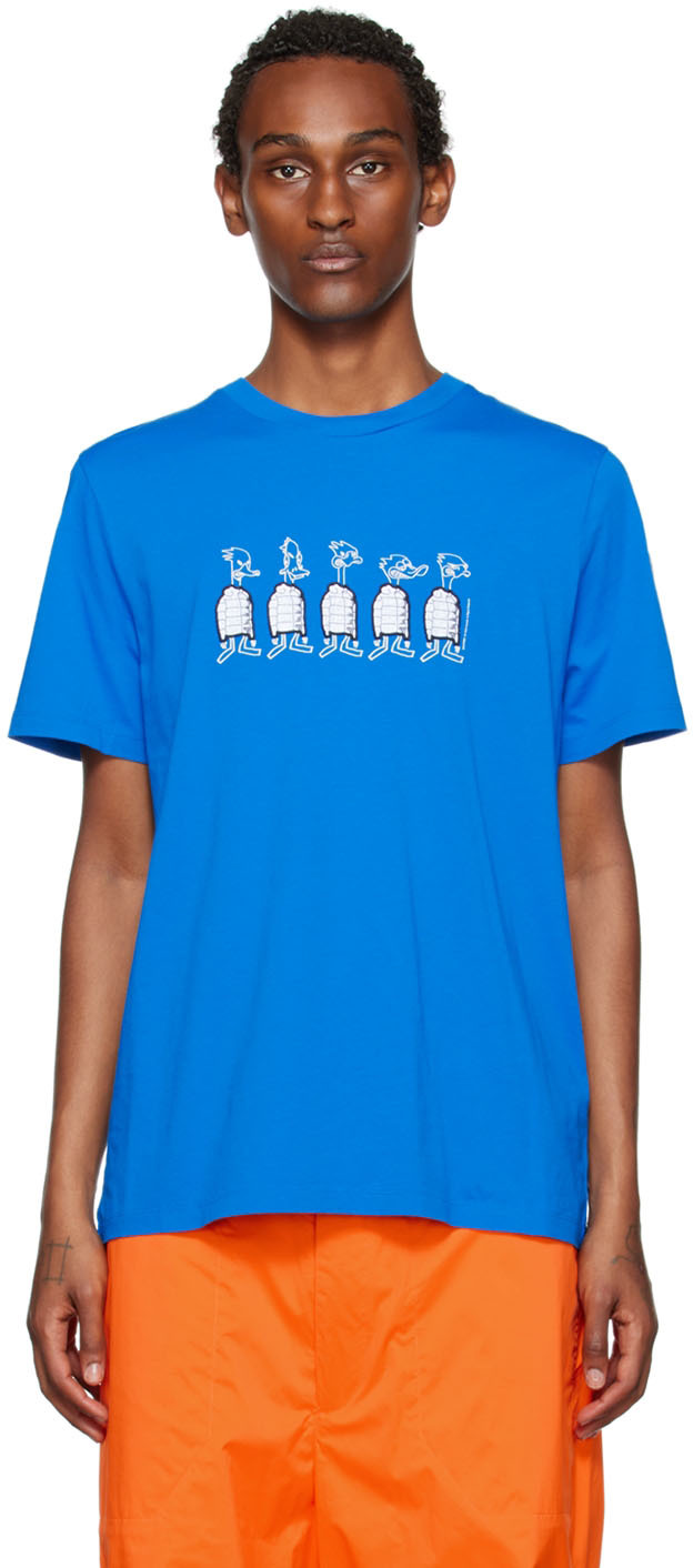 Moncler: Blue Embroidered T-Shirt | SSENSE