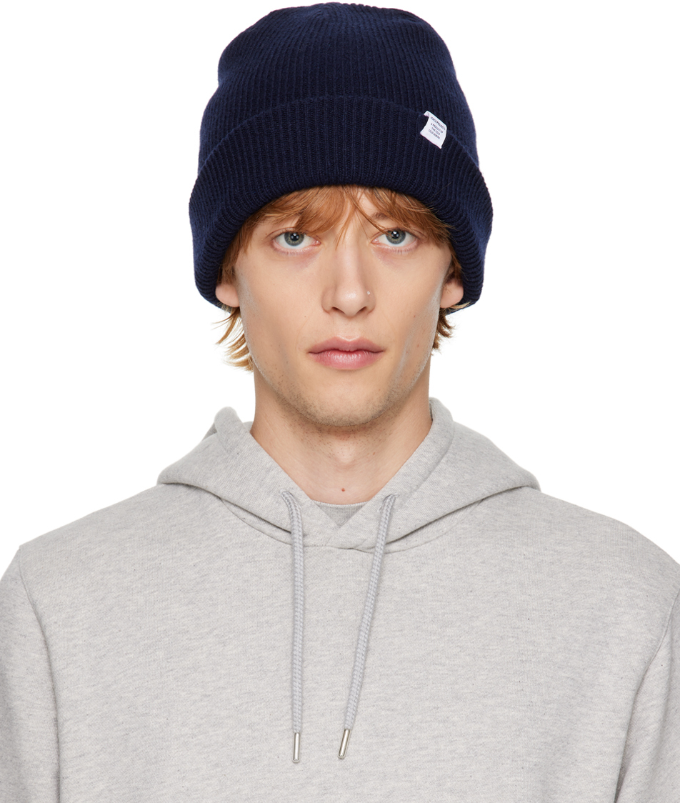læder fjer Pioner Navy Rolled Brim Beanie by Norse Projects on Sale