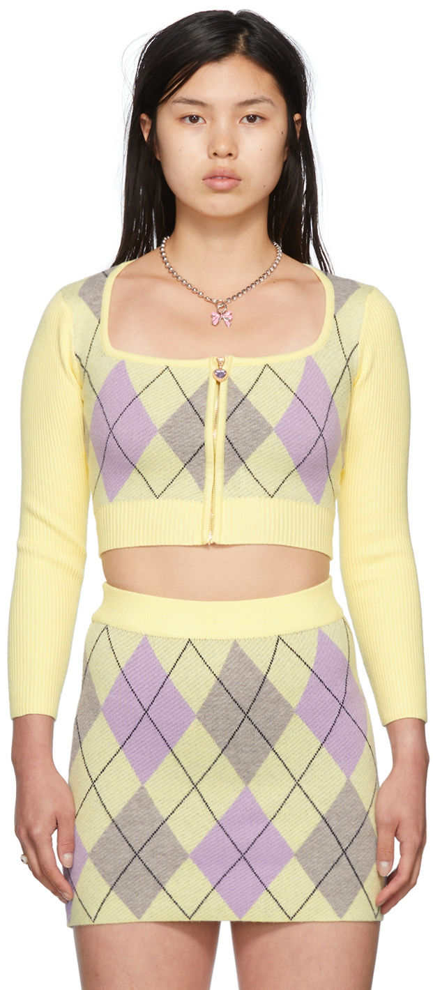 Nodress Yellow Argyle Sweater In Yellow/purple/gray