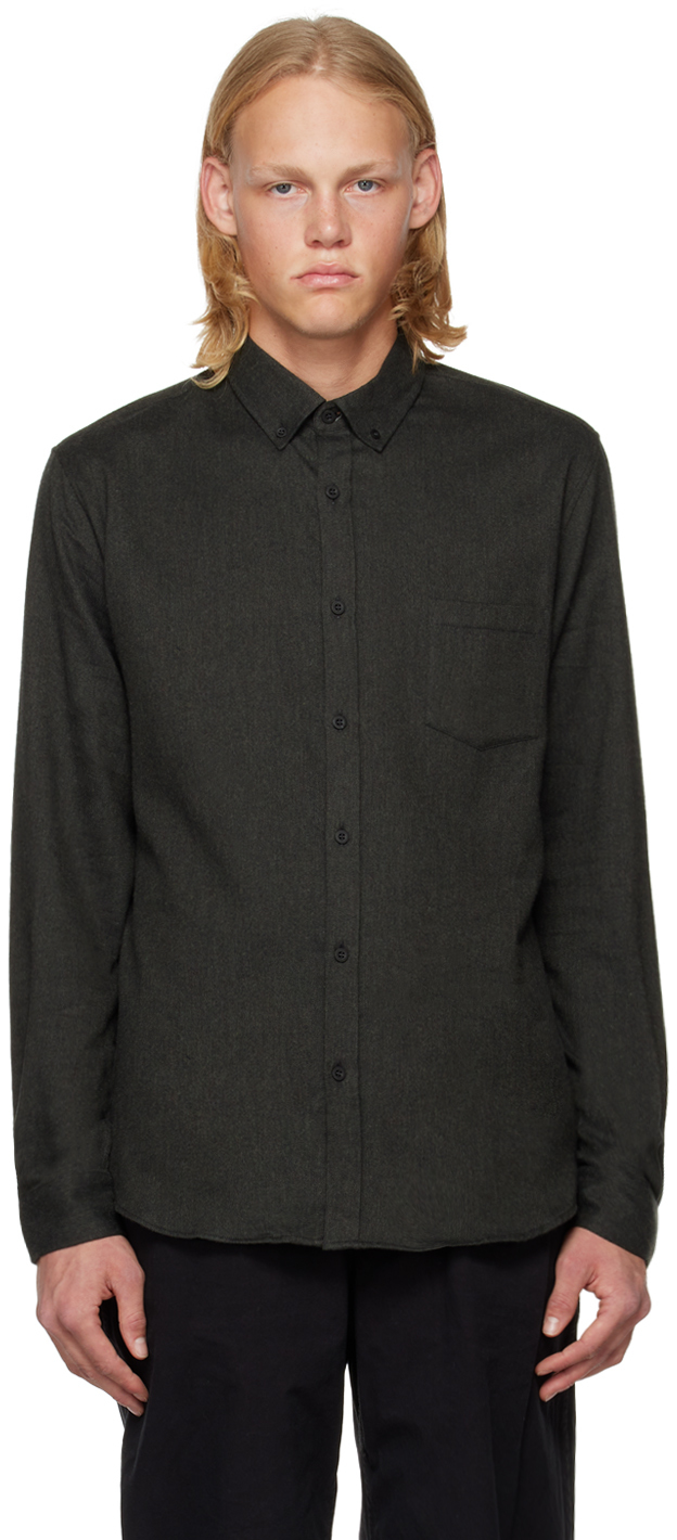 Sunspel Gray Patch Pocket Shirt In Dark Moss Melange