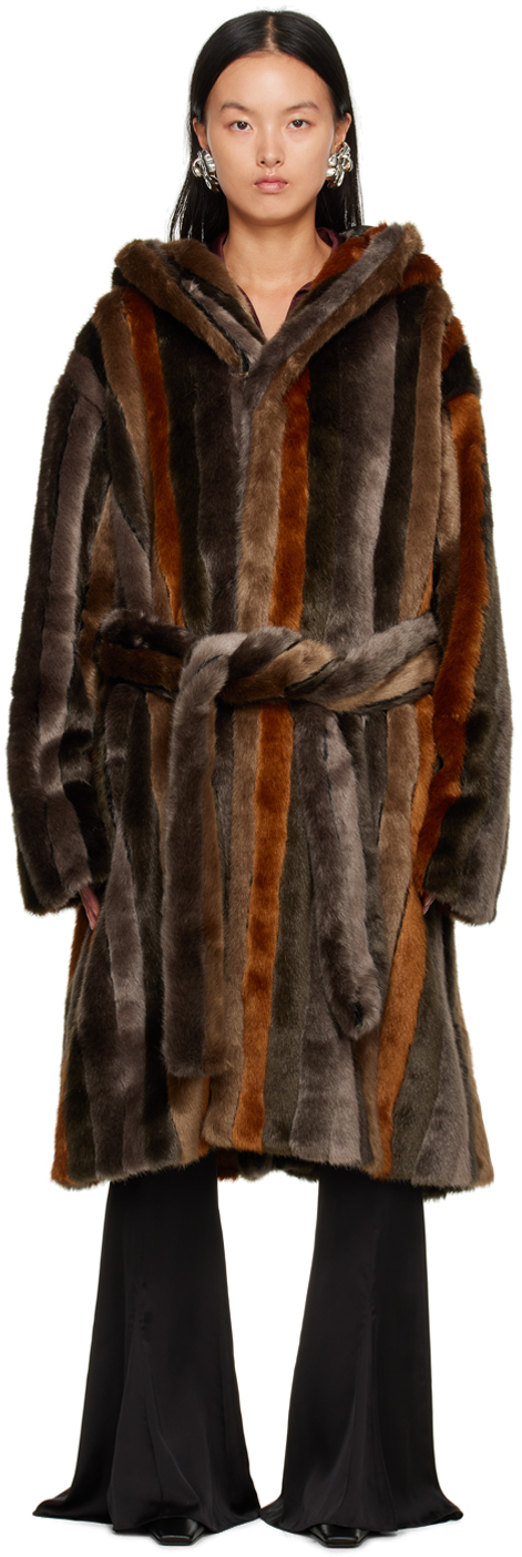 Acne Studios: Brown Striped Faux-Fur Coat | SSENSE