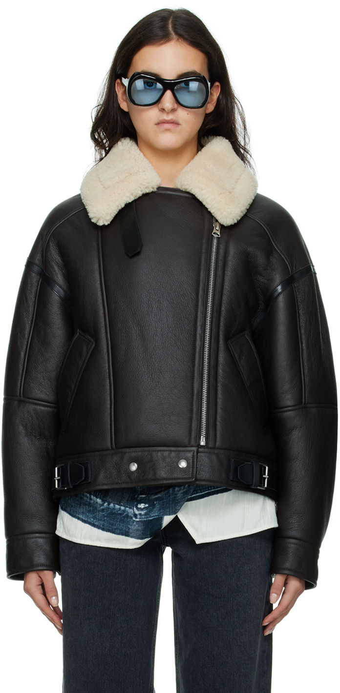 Acne Studios Brown Contrast Shearling Leather Jacket
