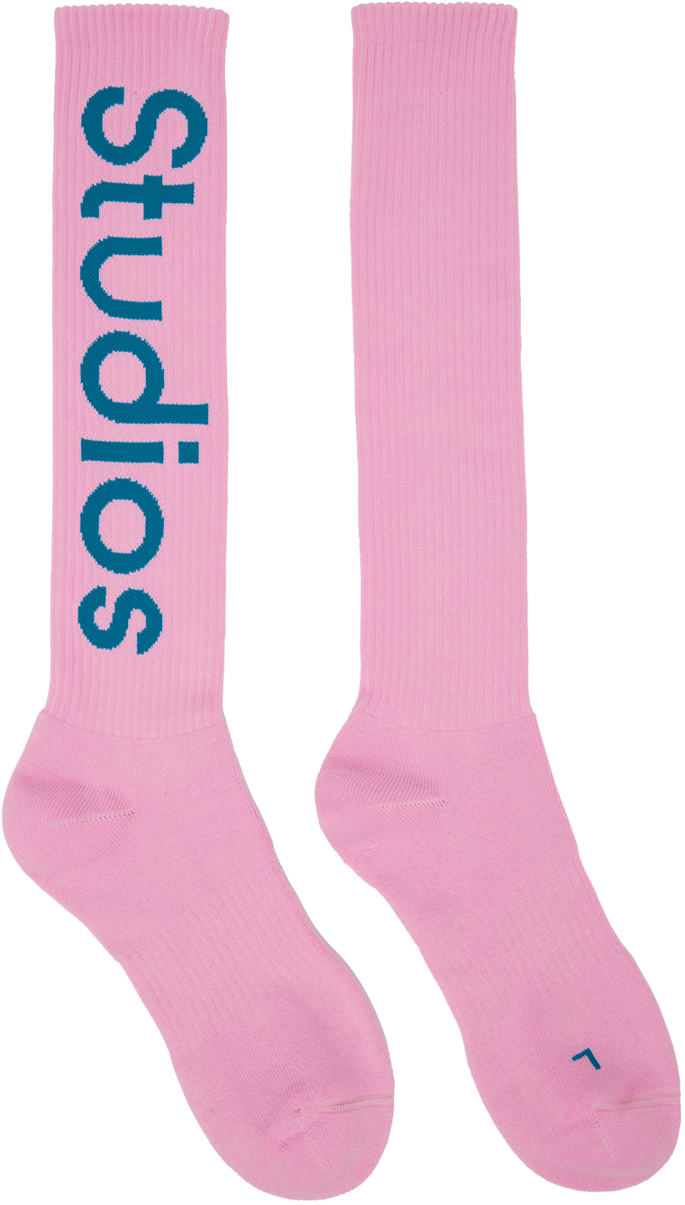 Acne Studios Pink Logo Jacquard Socks In Pink/blue