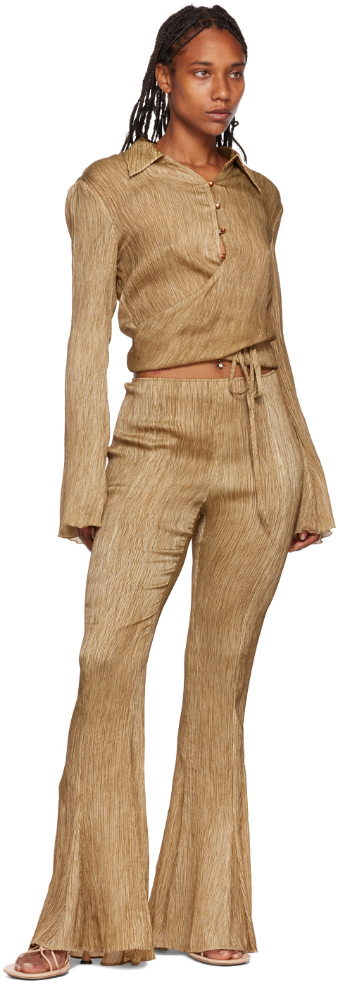 Acne Studios Pika Crinkle Flared-leg Silk Trousers In Caramel Brown