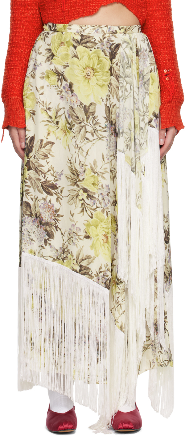 Acne Studios Beige Flower Print Fringe Maxi Skirt
