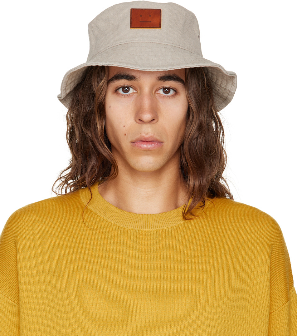 Beige Leather Patch Bucket Hat