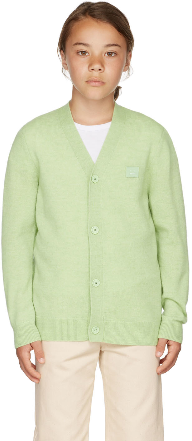 Acne Studios Kids Green Wool Logo Cardigan In Cpn Pale Green Melan