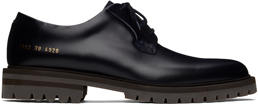 Common Projects: Navy Leather Derbys | SSENSE