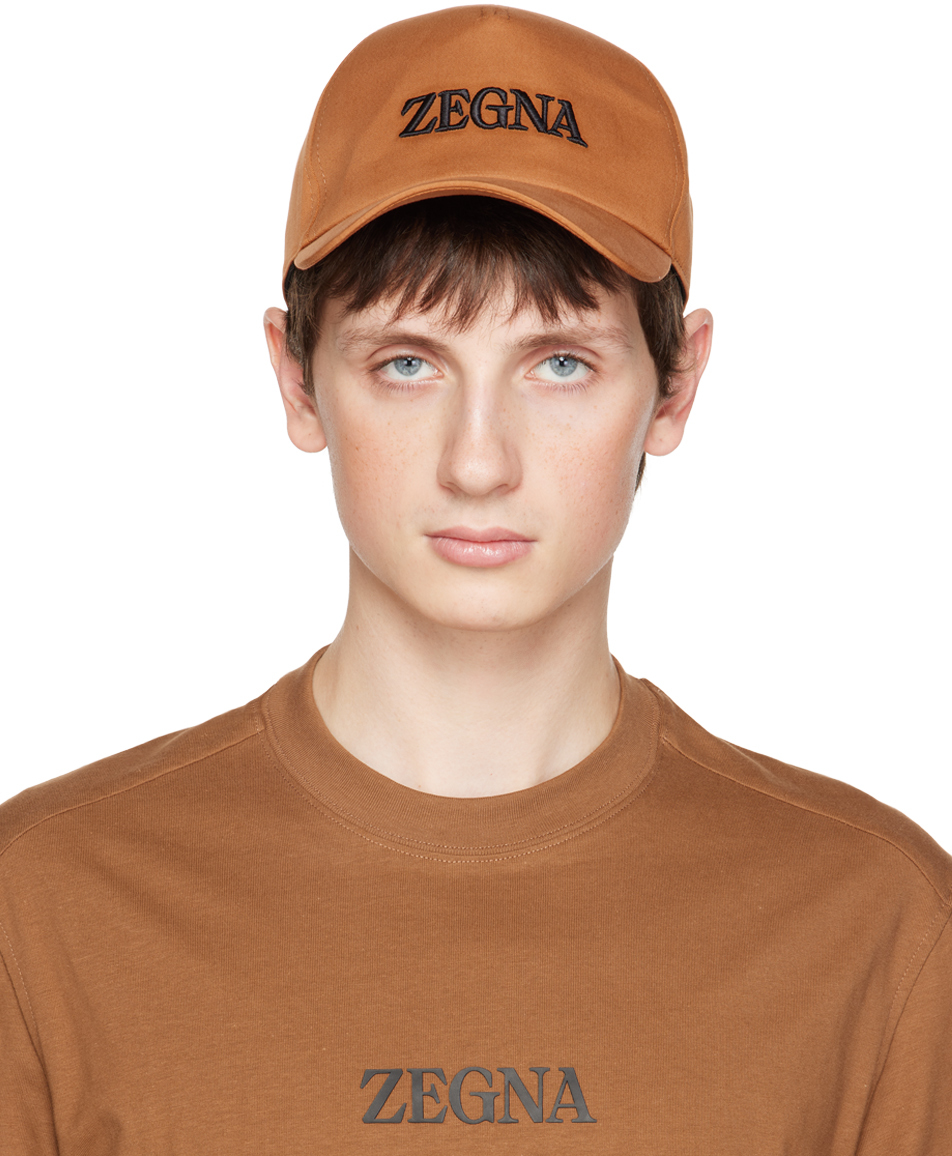Zegna Orange Embroidered Cap In Brown