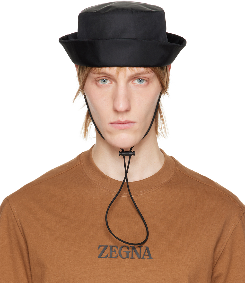 Zegna Black Chin Strap Bucket Hat In Bk1 Black