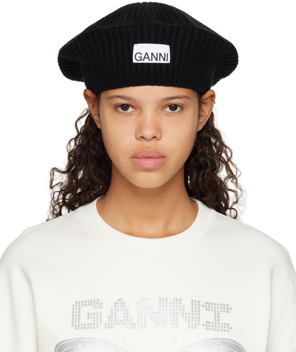 Ganni Black Rib Beret In 099 Black | ModeSens