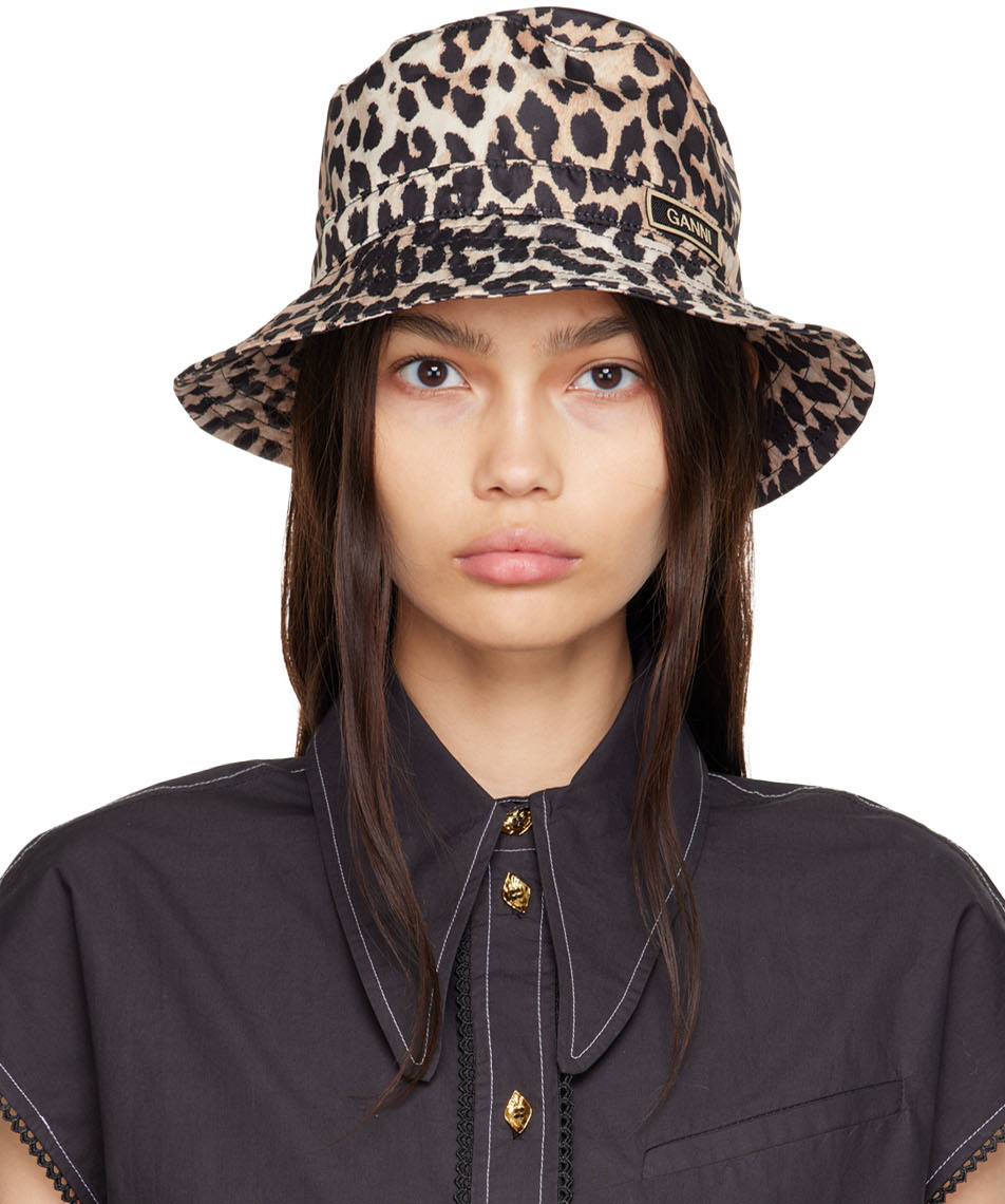 GANNI Black & Beige Leopard Bucket Hat