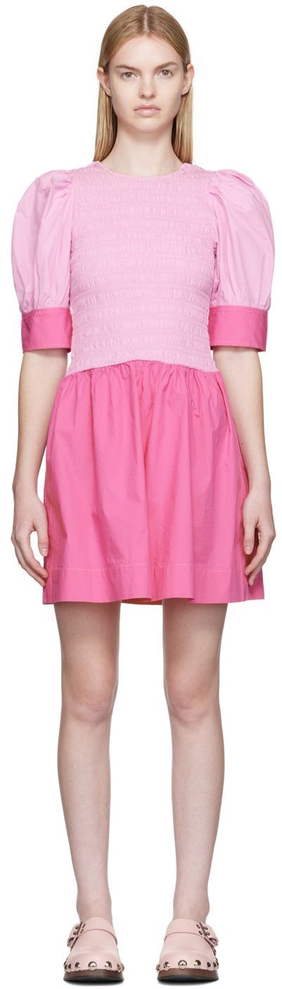 Ganni Color Block Cotton Poplin Smocked Mini Dress In 397 Phlox Pink