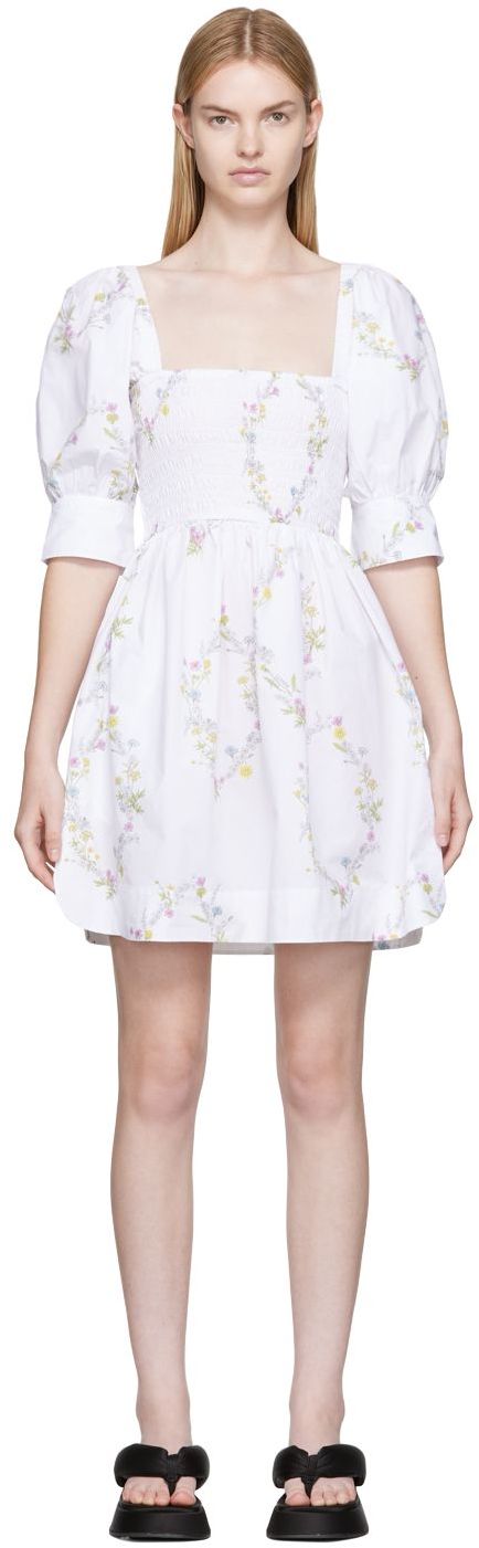 Shop Ganni White Organic Cotton Minidress In 287 Floral Shape Bri