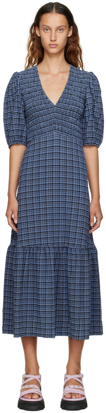 Ganni Black & Blue Checked Midi Dress In 379 Mini Check Grana