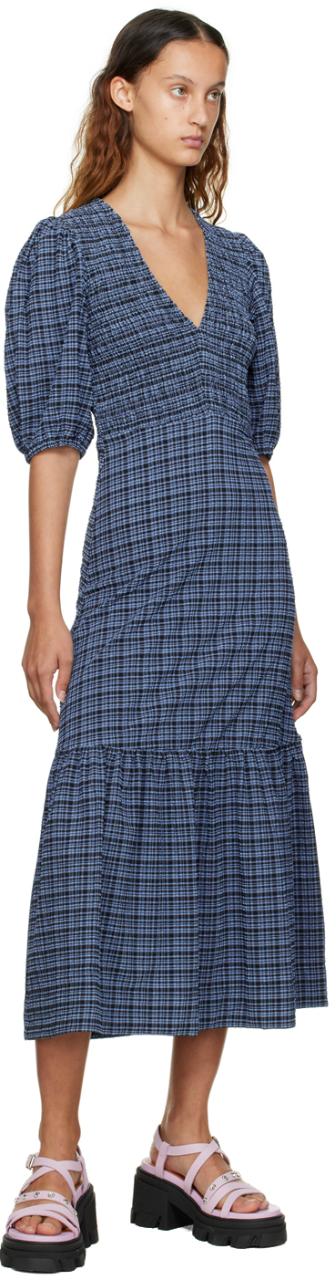 Ganni Black & Blue Checked Midi Dress In 379 Mini Check Grana