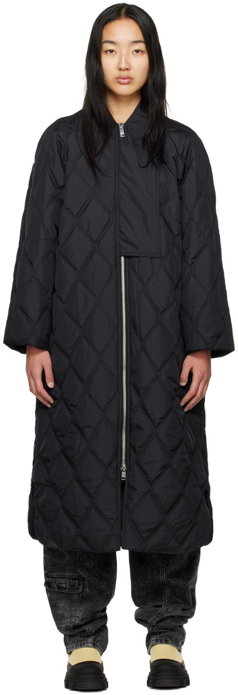 Shop Ganni Black Quilted Coat In 099 Black
