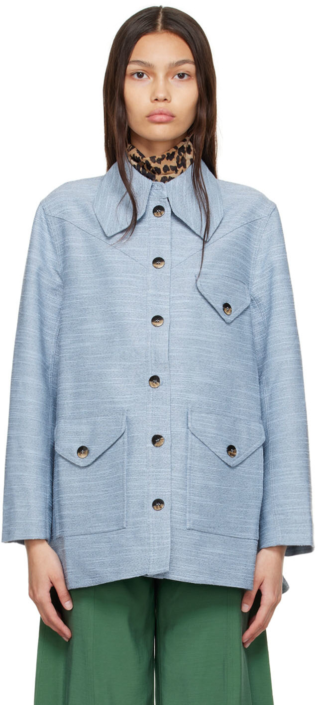 Ganni Blue Recycled Polyester Jacket In Heather