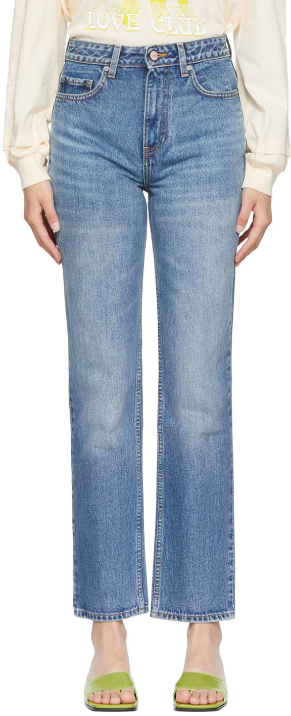 GANNI: Blue Swigy Straight Leg Jeans | SSENSE Canada