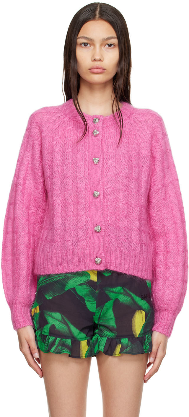 Ganni Cable-knit Mohair-blend Cardigan In Phlox Pink | ModeSens