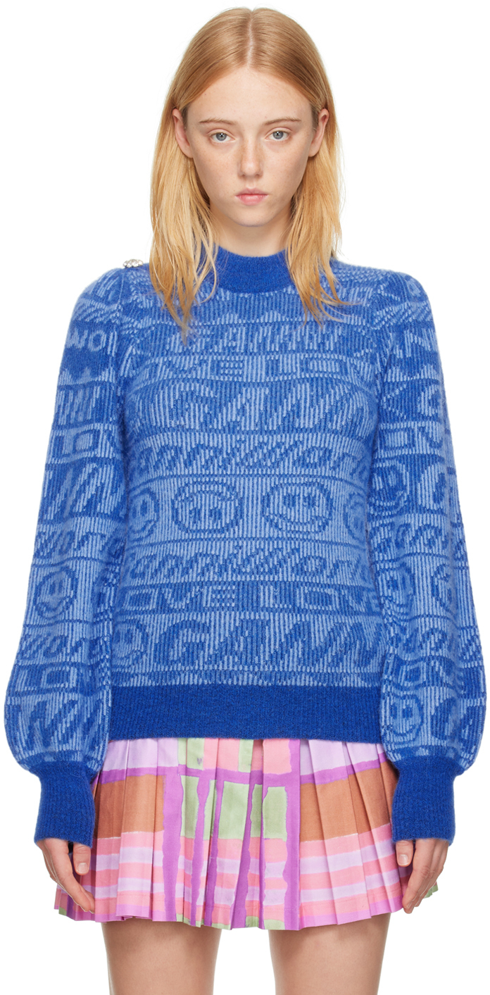 Shop Ganni Blue Jacquard Sweater In 578 Nautical Blue