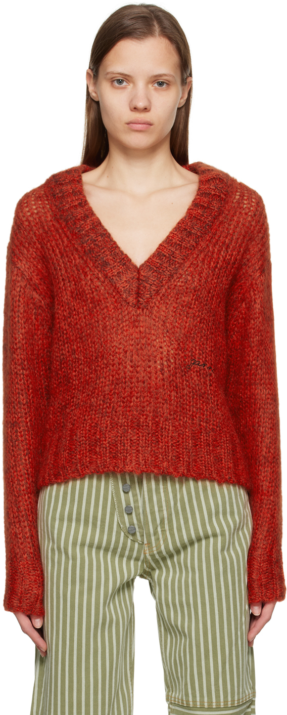 Red V-Neck Sweater by GANNI on Sale