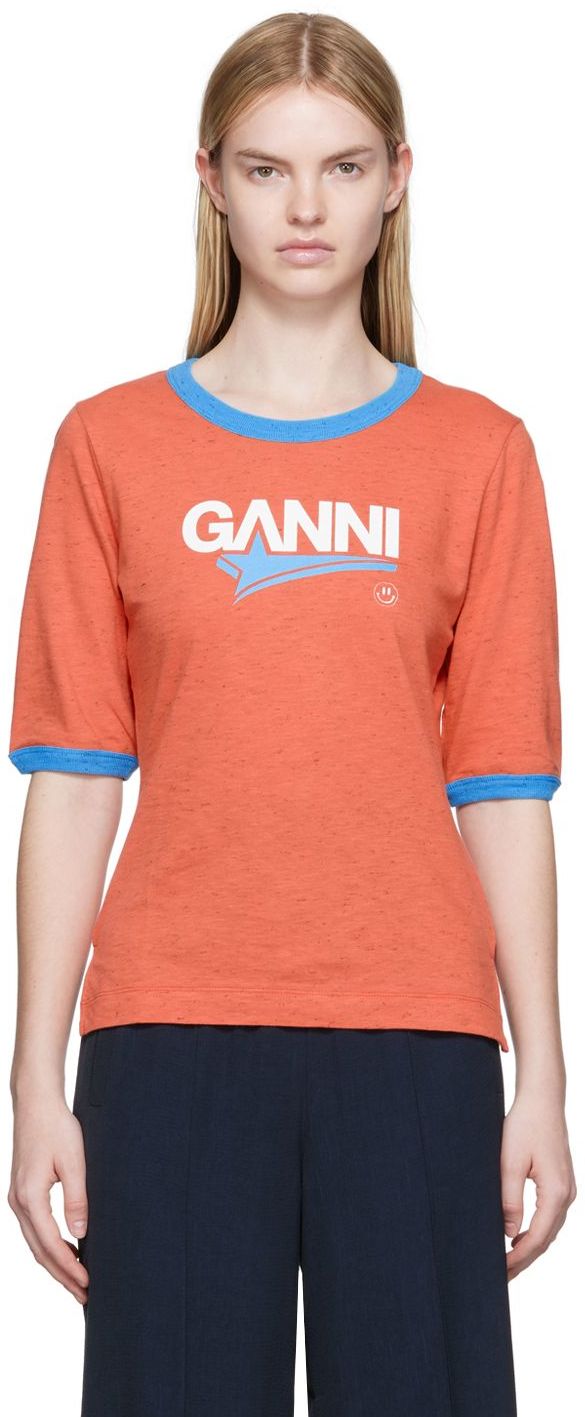 GANNI Orange Slim Logo Graphic T-Shirt
