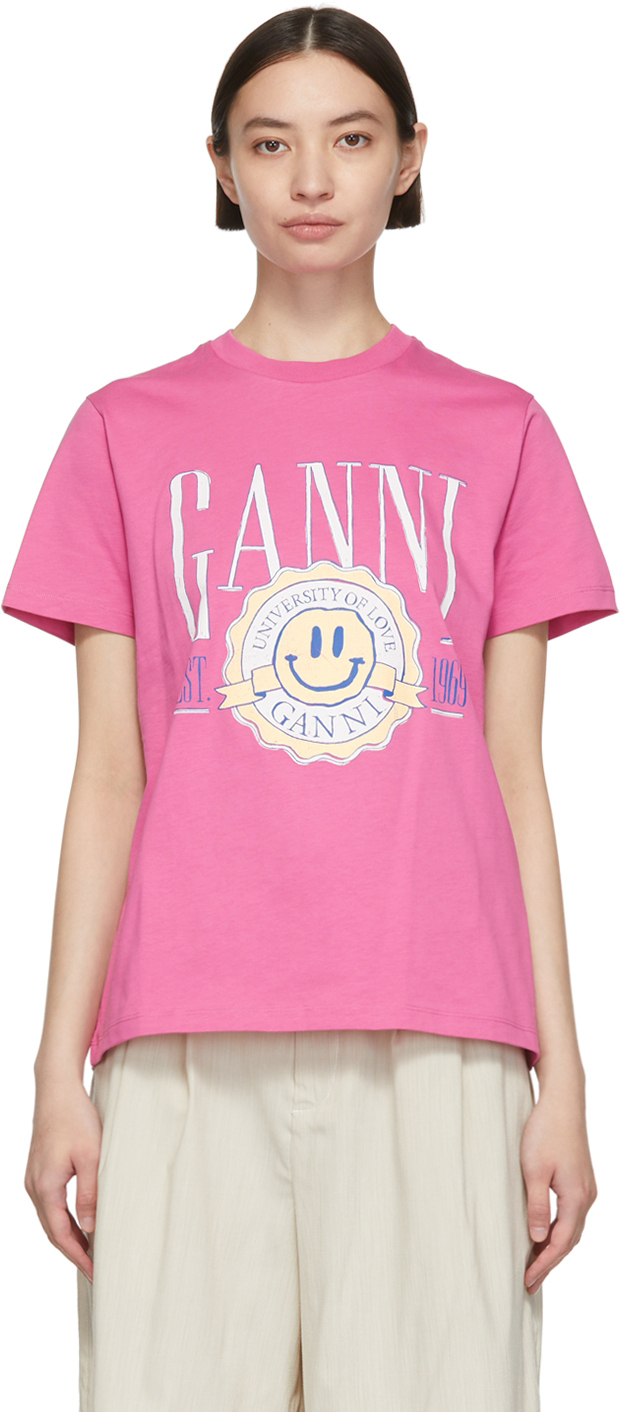 Ganni Smiley Logo-print Organic-cotton T-shirt In Pink | ModeSens