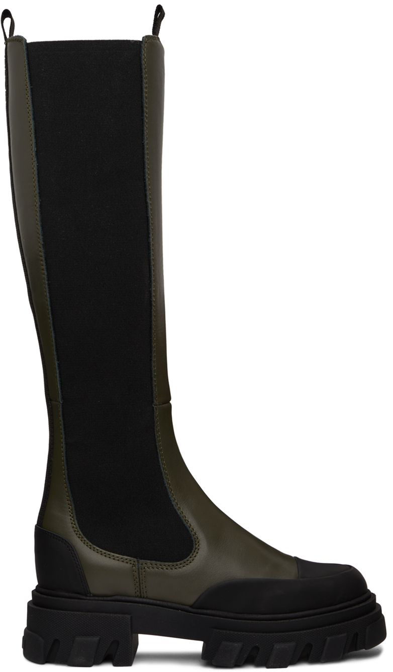 GANNI Khaki & Black Cleated High Chelsea Boots