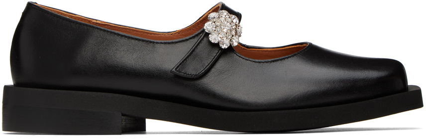 Ganni Crystal-embellished Leather Mary Jane Shoes In 099 Black
