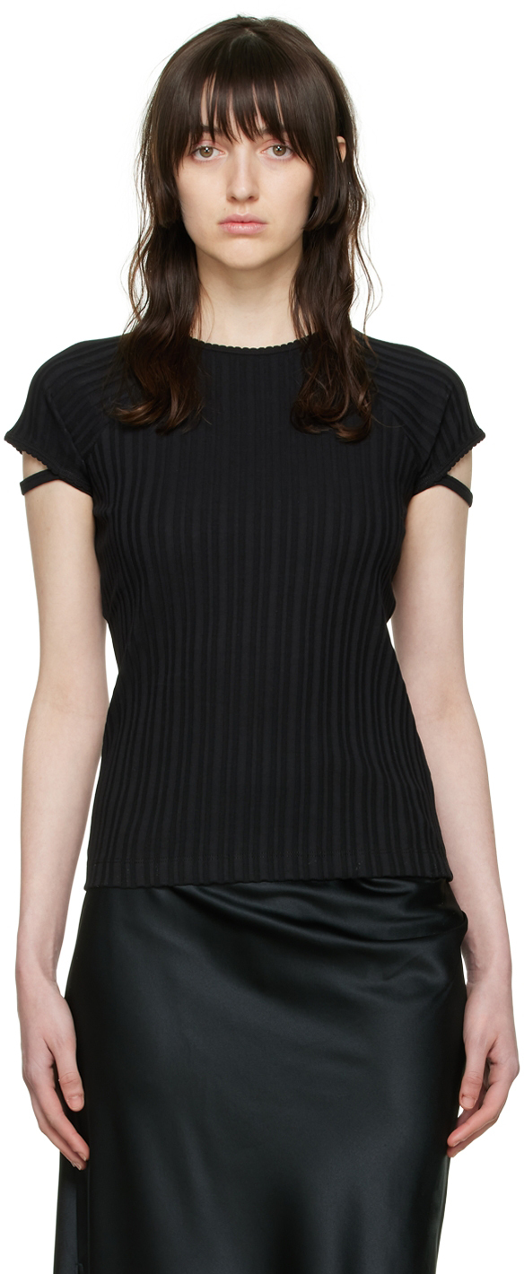 Helmut Lang Little Black Ribbed Cotton T-shirt | ModeSens