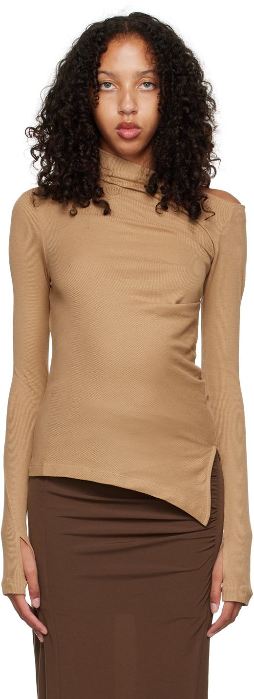 Beige Asymmetric Long Sleeve T-Shirt by Helmut Lang on Sale