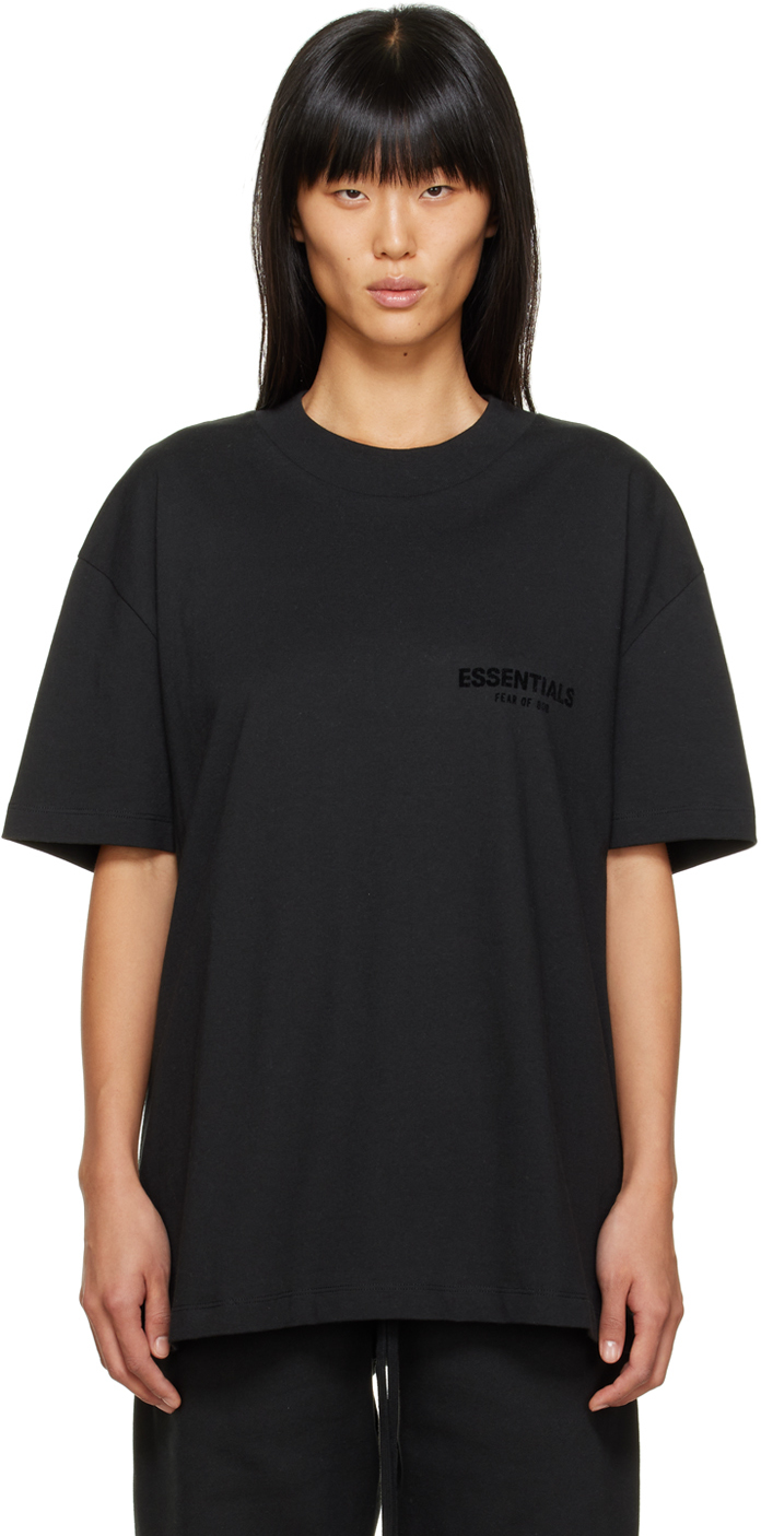 Essentials: Black Flocked T-Shirt | SSENSE Canada