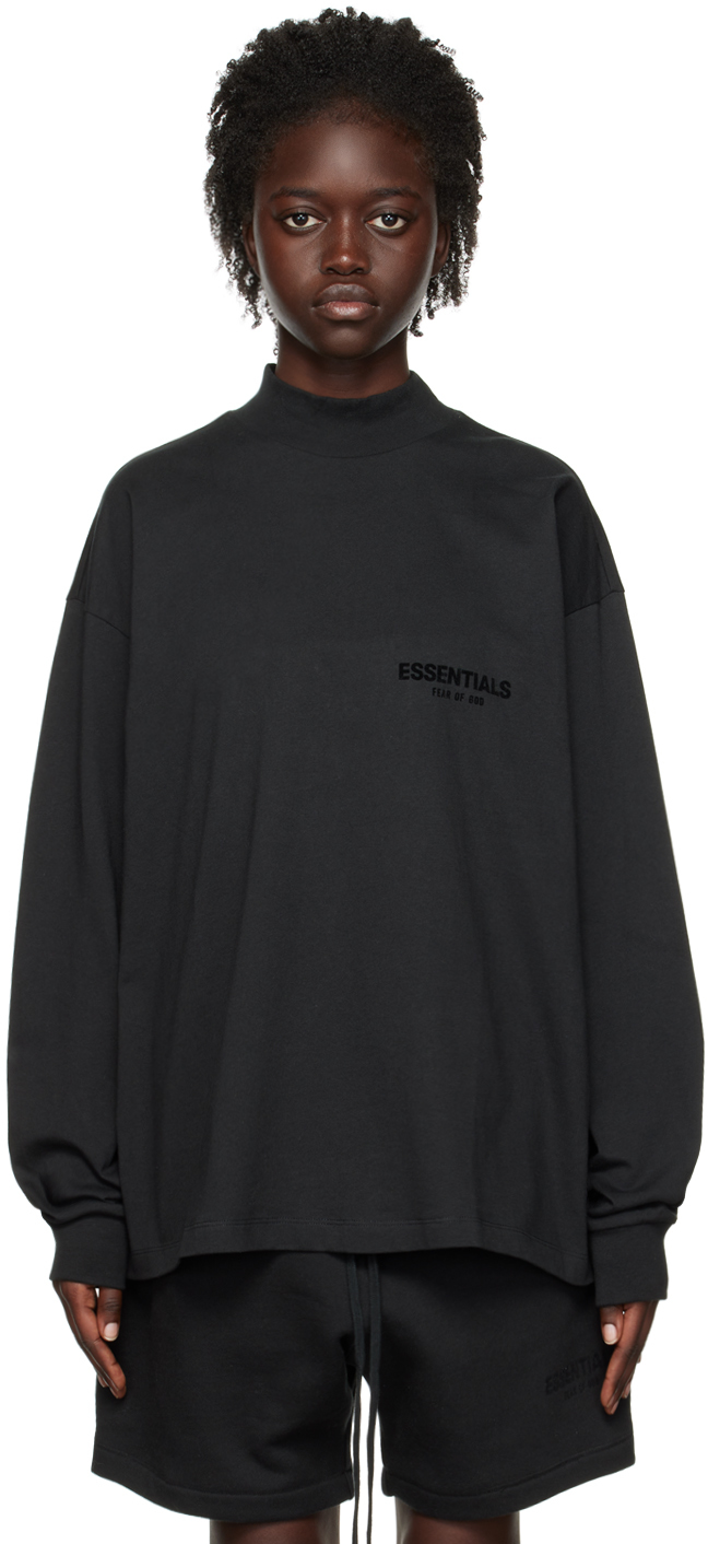 Essentials: Black Flocked Long Sleeve T-Shirt | SSENSE UK