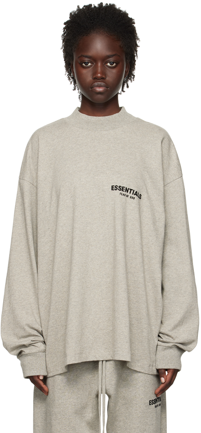 Essentials Gray Flocked Long Sleeve T-shirt In Dark Oatmeal