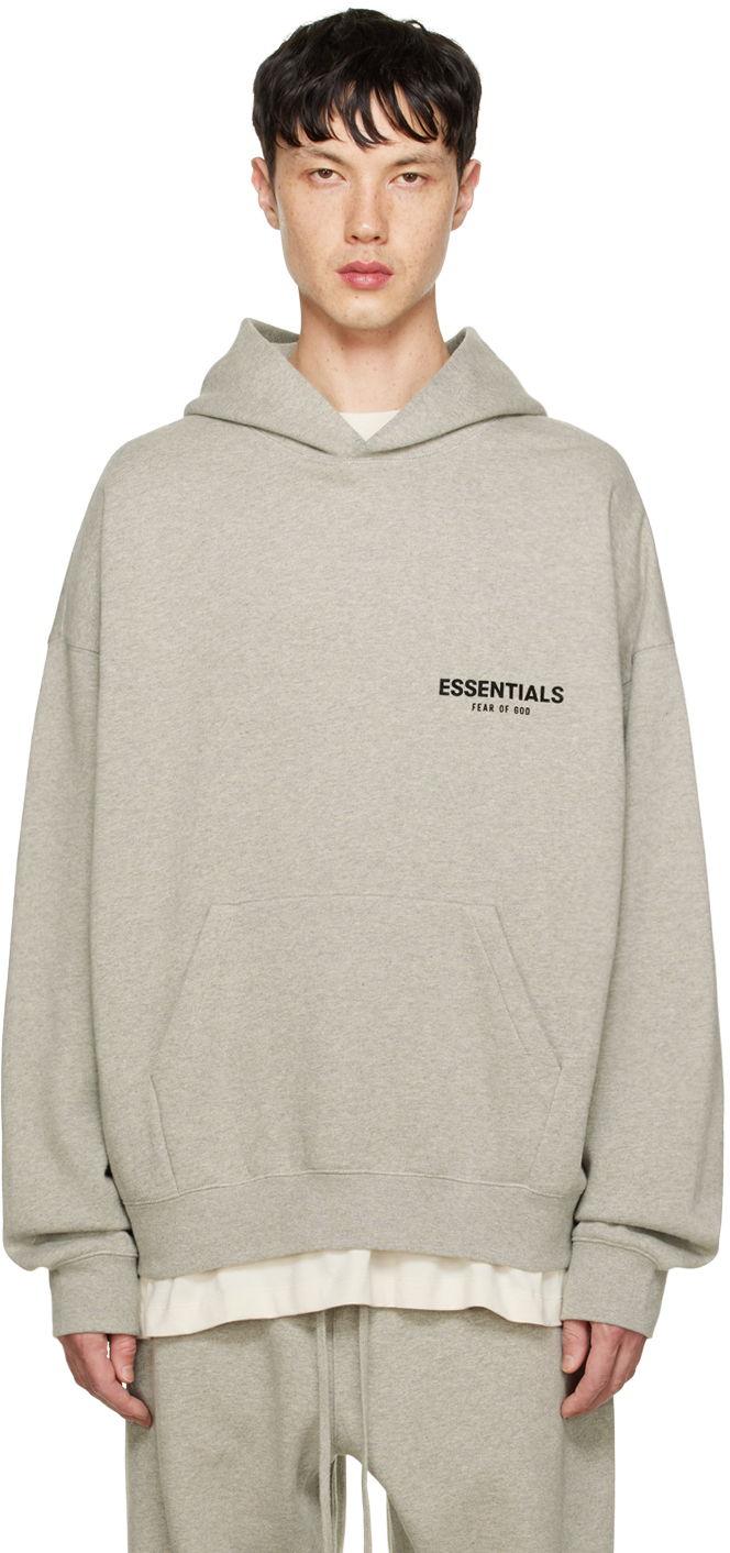 Essentials: Gray Flocked Hoodie | SSENSE