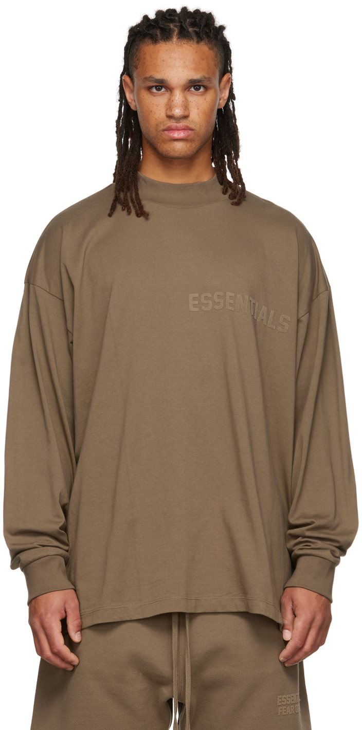 Fear of God ESSENTIALS: Brown Flocked Long Sleeve T-Shirt | SSENSE