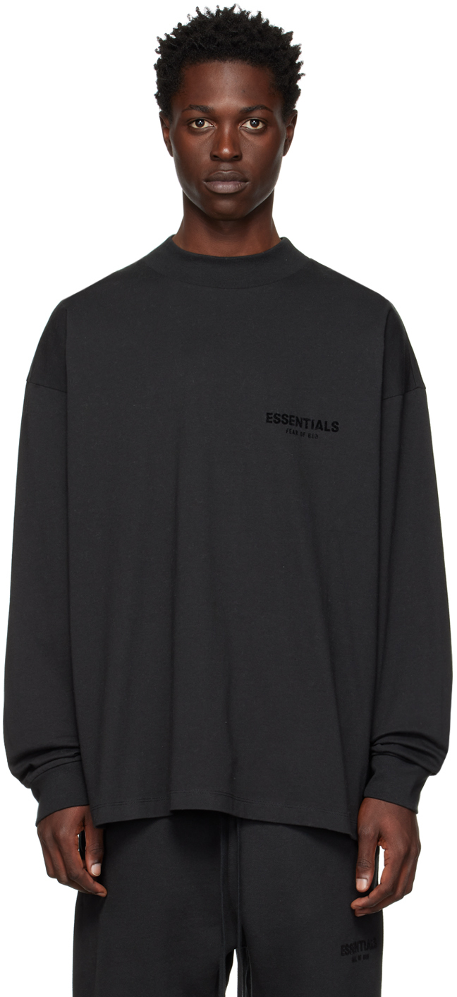 Essentials Black Flocked Long Sleeve T-Shirt