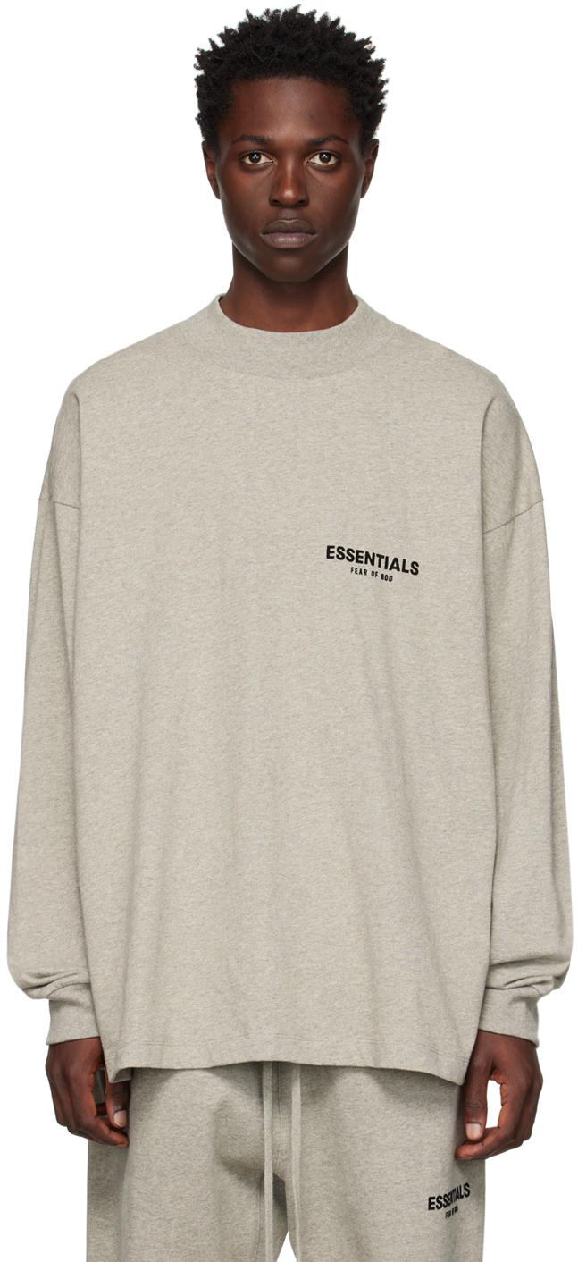 Essentials Gray Flocked Long Sleeve T-Shirt
