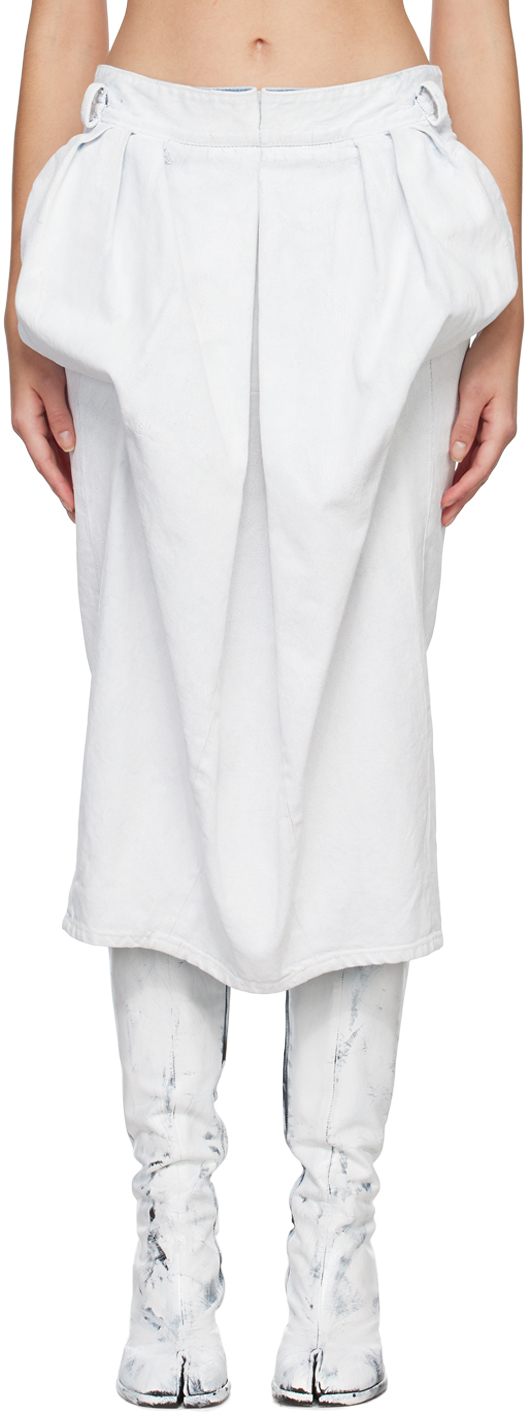 White Gathered Denim Midi Skirt