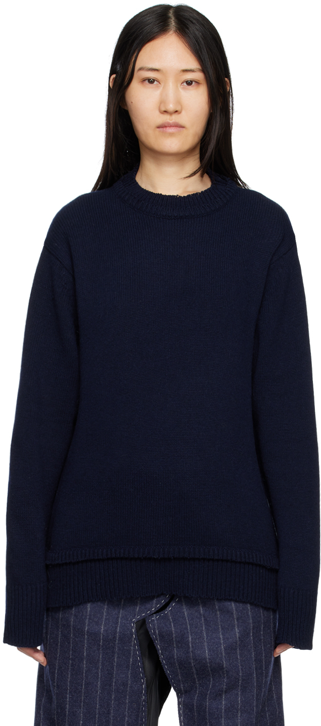 Navy Elbow Patch Crewneck by Maison Margiela on Sale