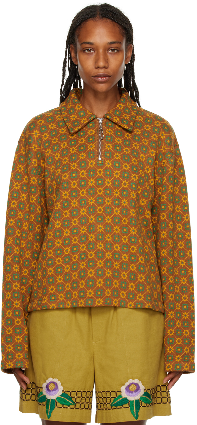 Bode Brown Floral Half-Zip Sweater