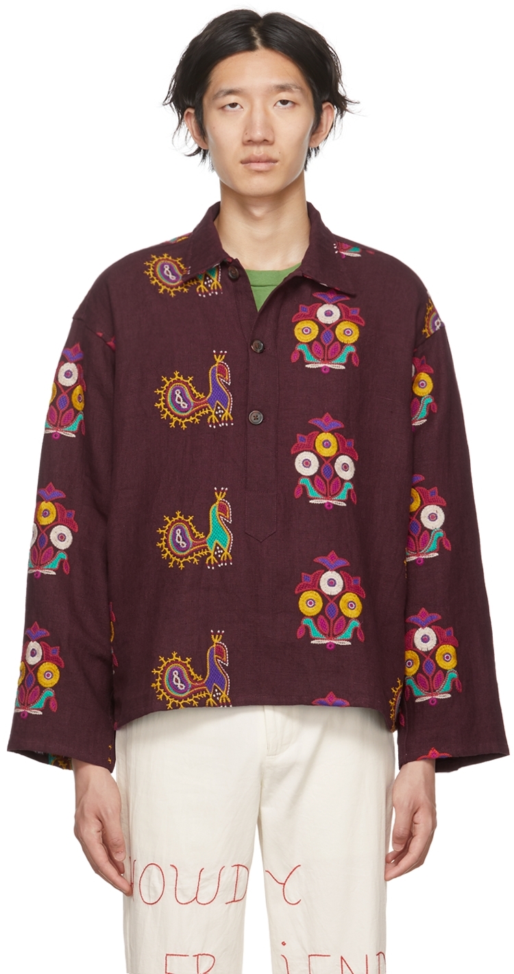 Bode: Burgundy Peacock Shirt | SSENSE