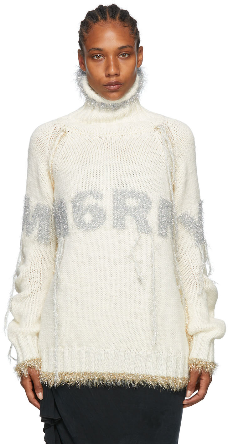 Off-White Metallic Fringe Turtleneck by MM6 Maison Margiela on Sale