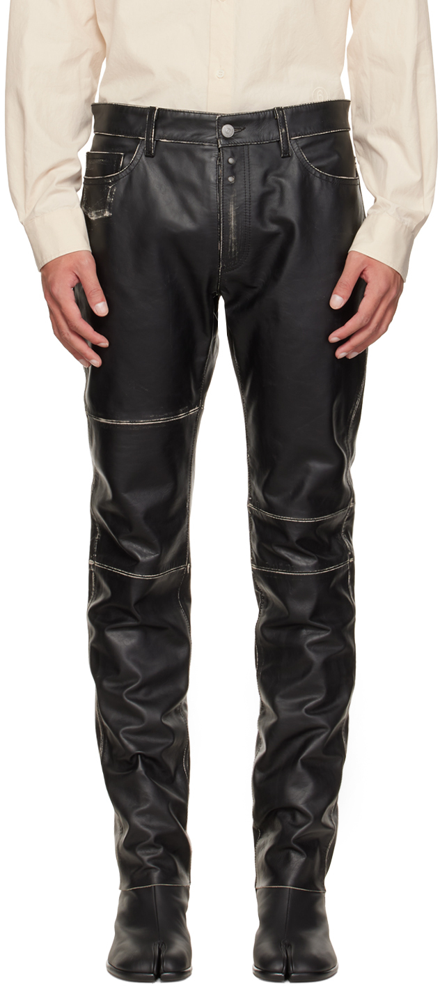 Black Distressed Leather Pants by MM6 Maison Margiela on Sale