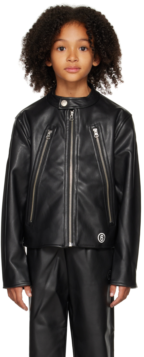 Kids Black Faux-Leather Biker Jacket by MM6 Maison Margiela on Sale