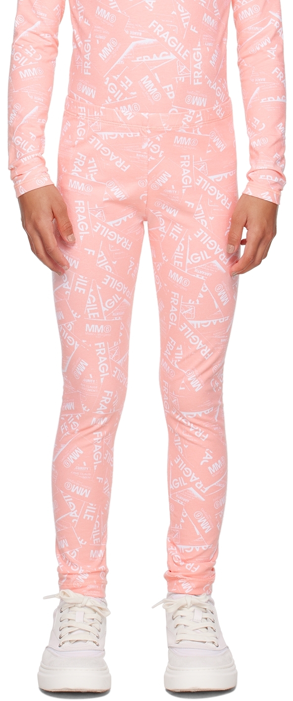 Shop Mm6 Maison Margiela Kids Pink Logo Leggings In M6302 Peach Pink